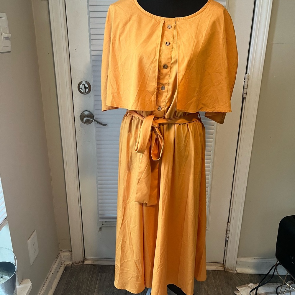 SHEIN Orange Midi Dress with Cape and Beltway